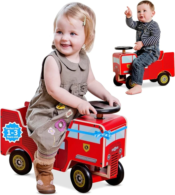 Kiddimoto Wooden Kids Ride On Car/Walker for Toddlers Children From 12 Months To 3 Years Walk & Drive 2 in 1 Ride On Toys Vehicle for Kids (Red Fire Engine)