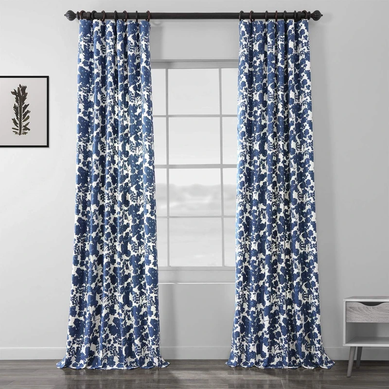 Half Price Drapes HPD Fleur Printed Cotton Twill Curtain, Blue, 50" W x 84" L (Pack of 1)