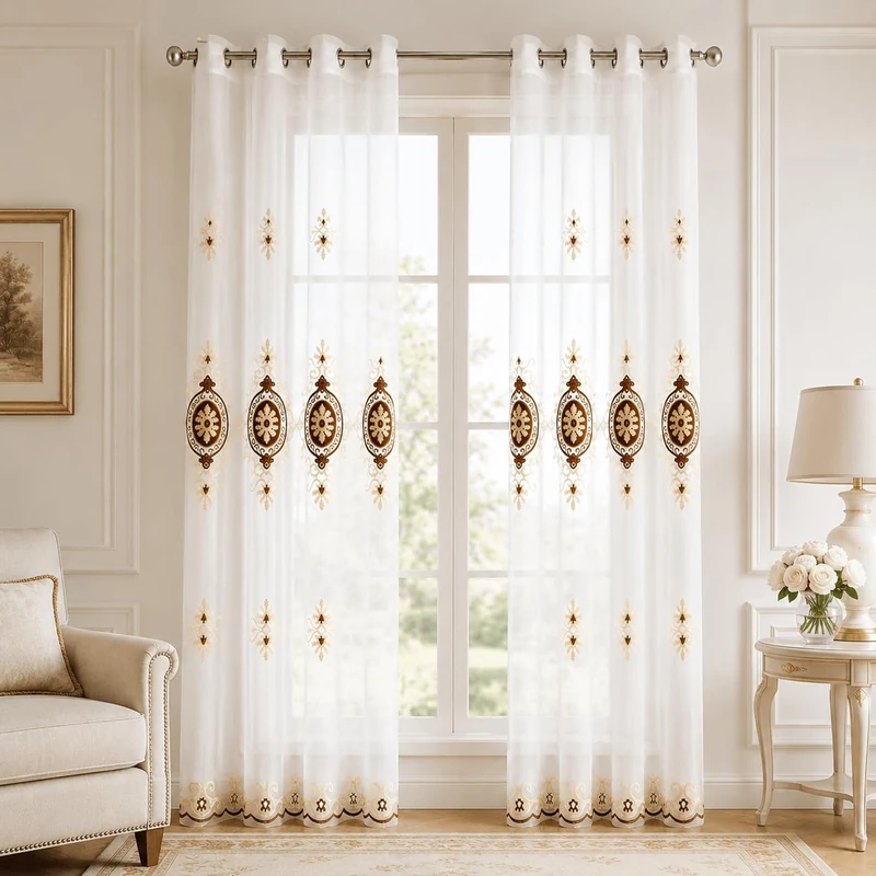 VOGOL Simple Chenille Jacquard Sheer Window Elegance Curtains/Drapes/Panels/Treatments for Bedroom Living Room, 60W x 106L, Top Grommets(2 Panels)