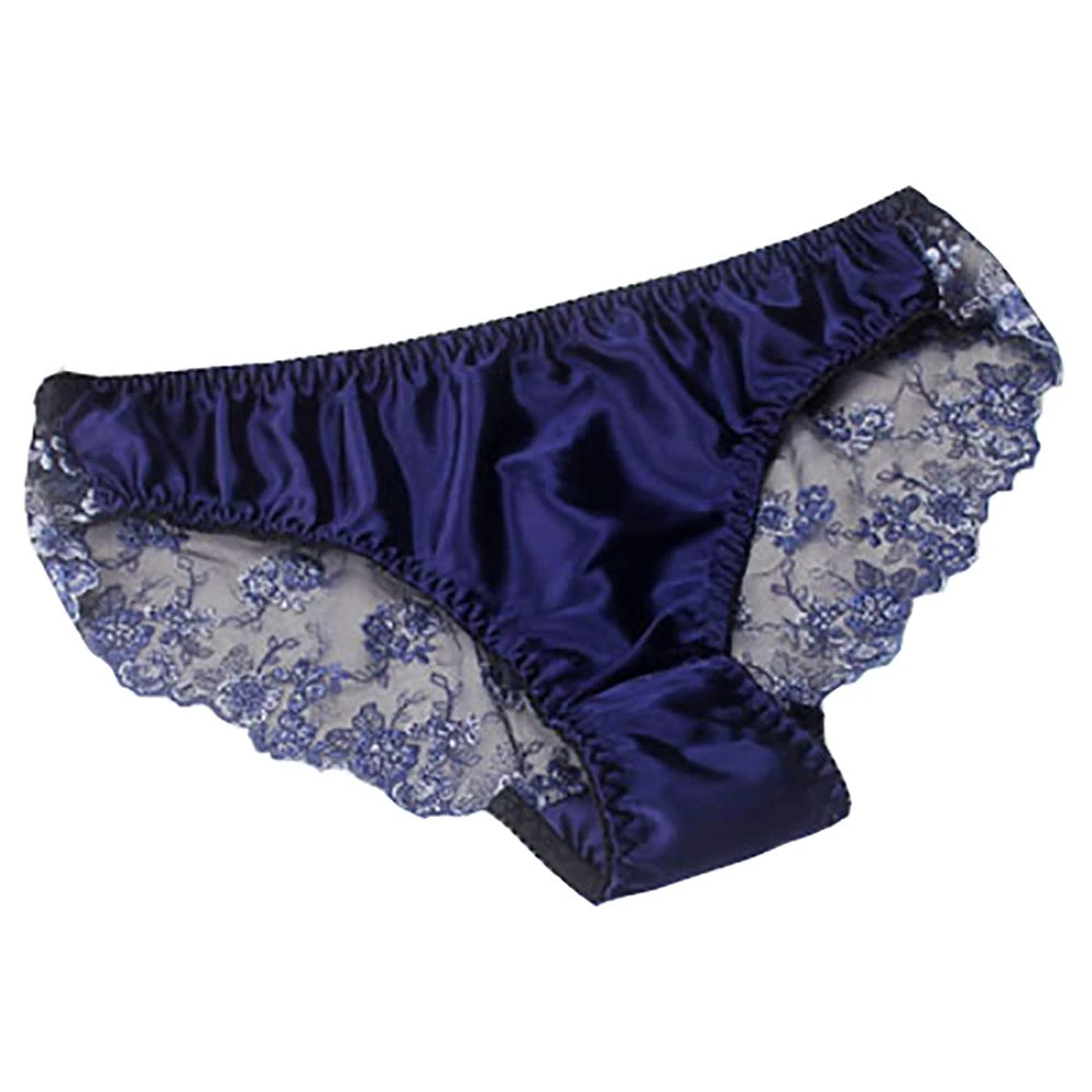 LSHARON Women's Sexy Mulberry Silk Briefs Lingerie Lace Thong Underwear Panties (L(Tag XL), Navy)