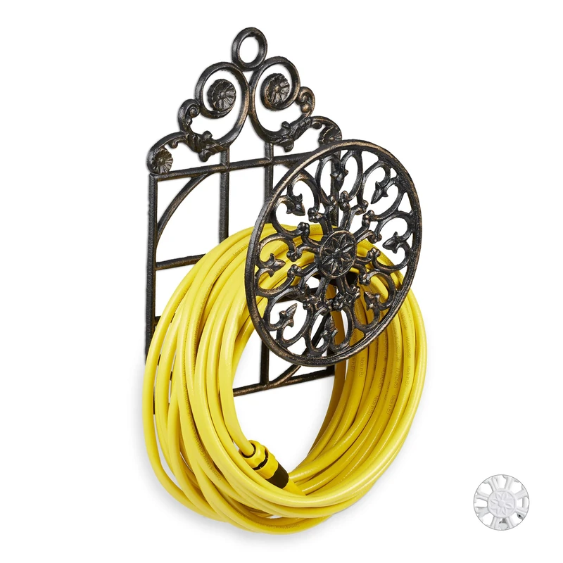 Relaxdays Antique Hose Holder, Cast Iron, Vintage Look, Wall-Mounted, HxWxD: 50 x 32 x 20 cm, Garden Hose Hanger, Bronze