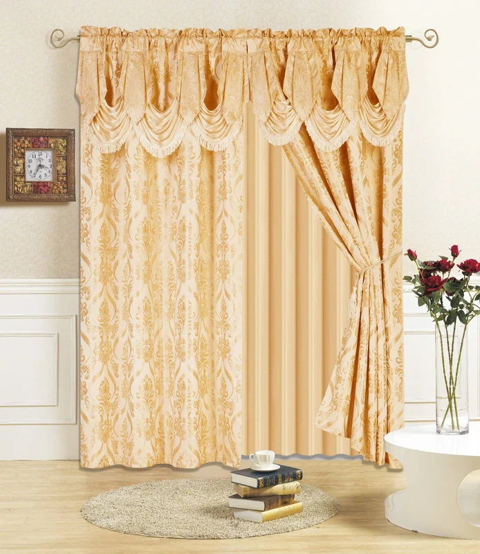 All American Collection New 4 Piece Drape Set with Attached Valance and Sheer with 2 Tie Backs Included (96" Length, Gold)
