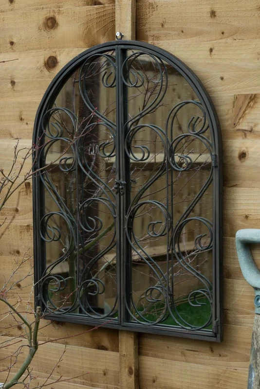 Large Scroll Outdoor Garden Wall Mirror With Doors 60cm X 48cm