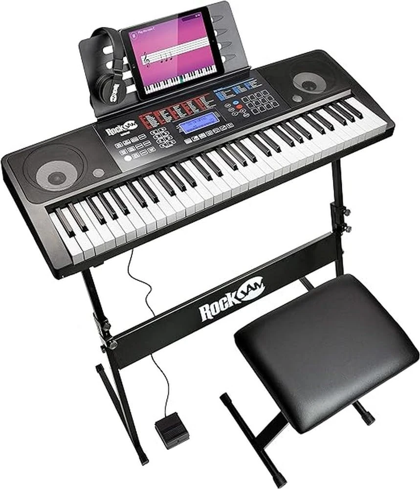 RockJam 61 Key Keyboard Piano Kit with Bench, Stool, Sustain Pedal, Headphones & Lessons