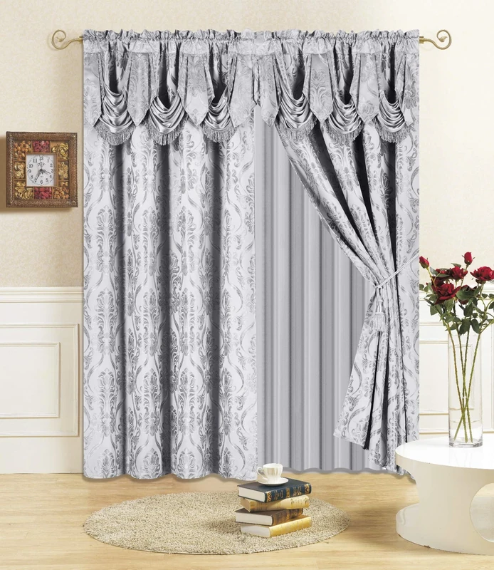 All American Collection New 4 Piece Drape Set with Attached Valance and Sheer with 2 Tie Backs Included (96" Length, Grey)