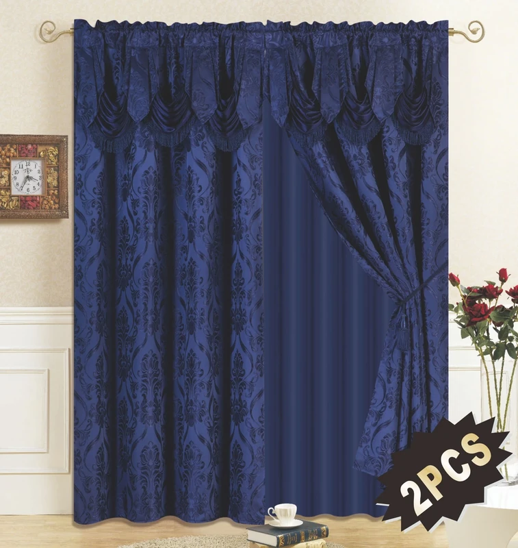 All American Collection New 4 Piece Drape Set with Attached Valance and Sheer with 2 Tie Backs Included (96" Length, Navy)
