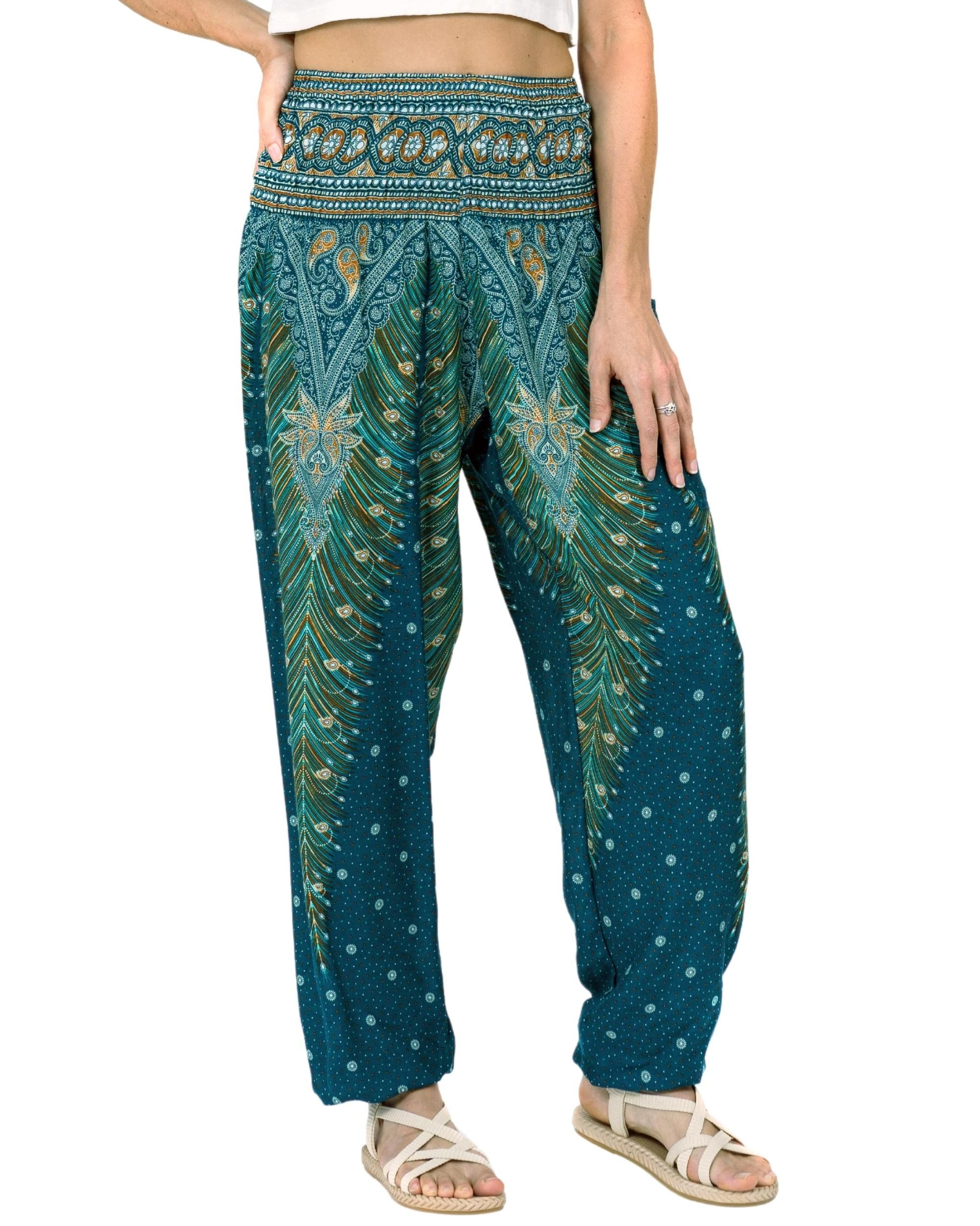 Lofbaz Harem Pants for Women Yoga Boho Hippie Clothing Womens Palazzo Bohemian Pajama Trousers Beach Indian Gypsy Genie Clothes - Peacock 1 Teal Green XXL