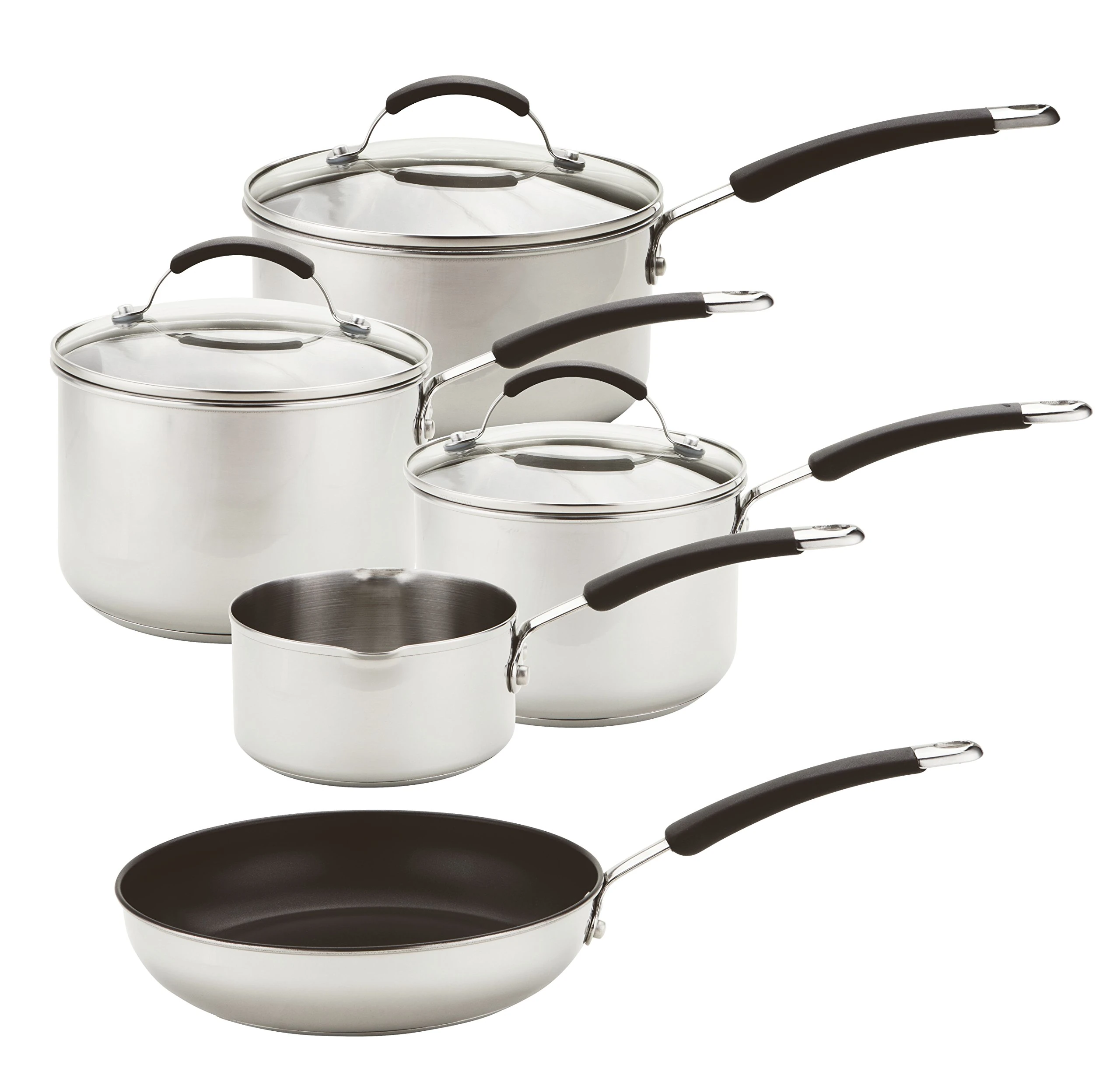 Meyer Stainless Steel Induction Hob Pan Set with Non Stick Frying Pan - 5 Piece Stainless Steel Pan Set, Oven & Dishwasher Safe, Silver