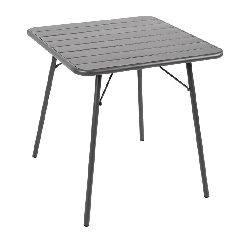 Bolero Foldable Square Slatted Steel Indoor Outdoor Table, Grey, Rust-Resistant Powder Coating, 710(H) x 700(W) x 700(D) mm, CS730