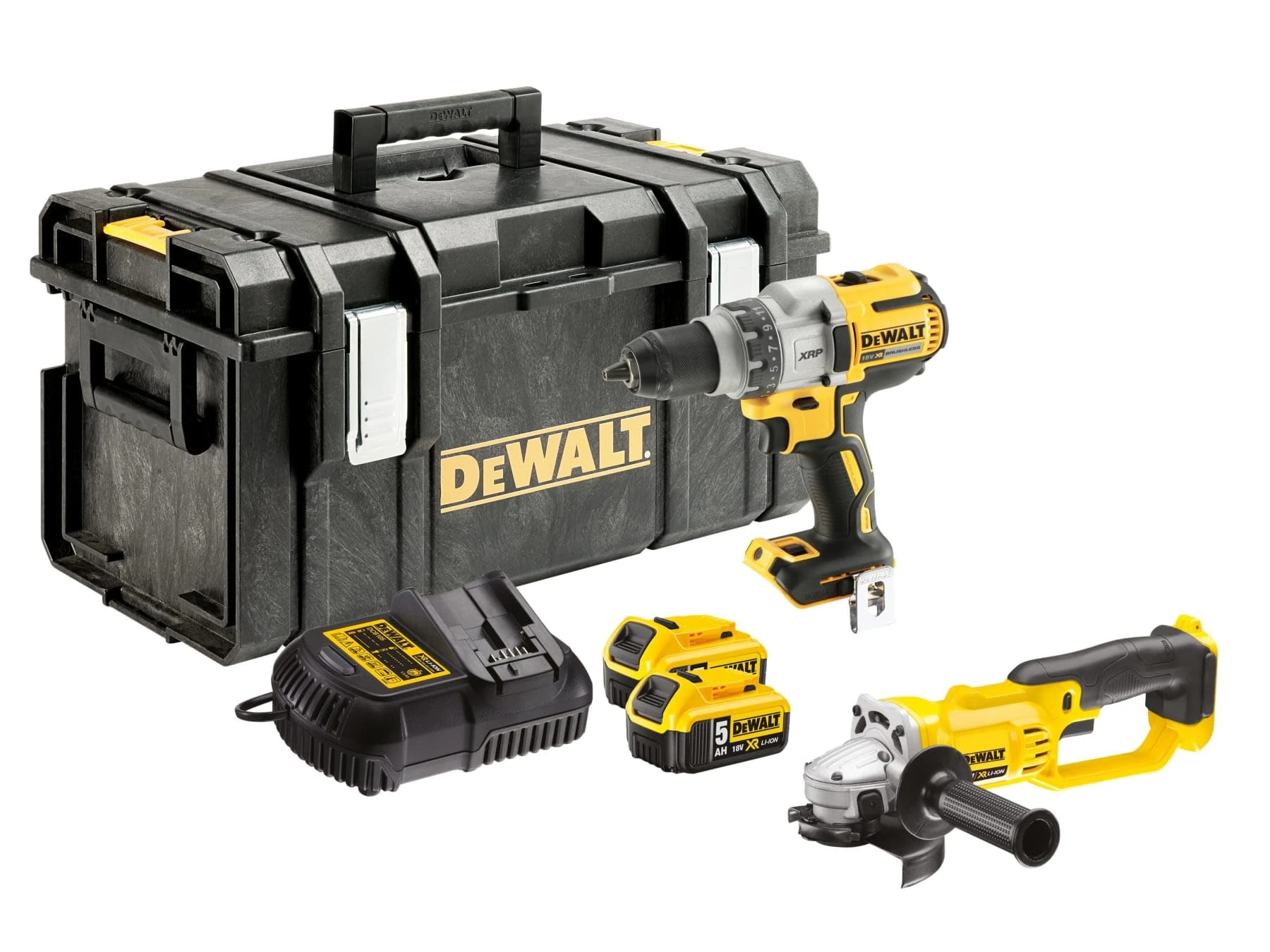 DEWALT DCK278P2-GB 18 V with DCD996 Combi Drill Plus DCG412 Angle Grinder Twinpack Tool Box - Yellow/Black