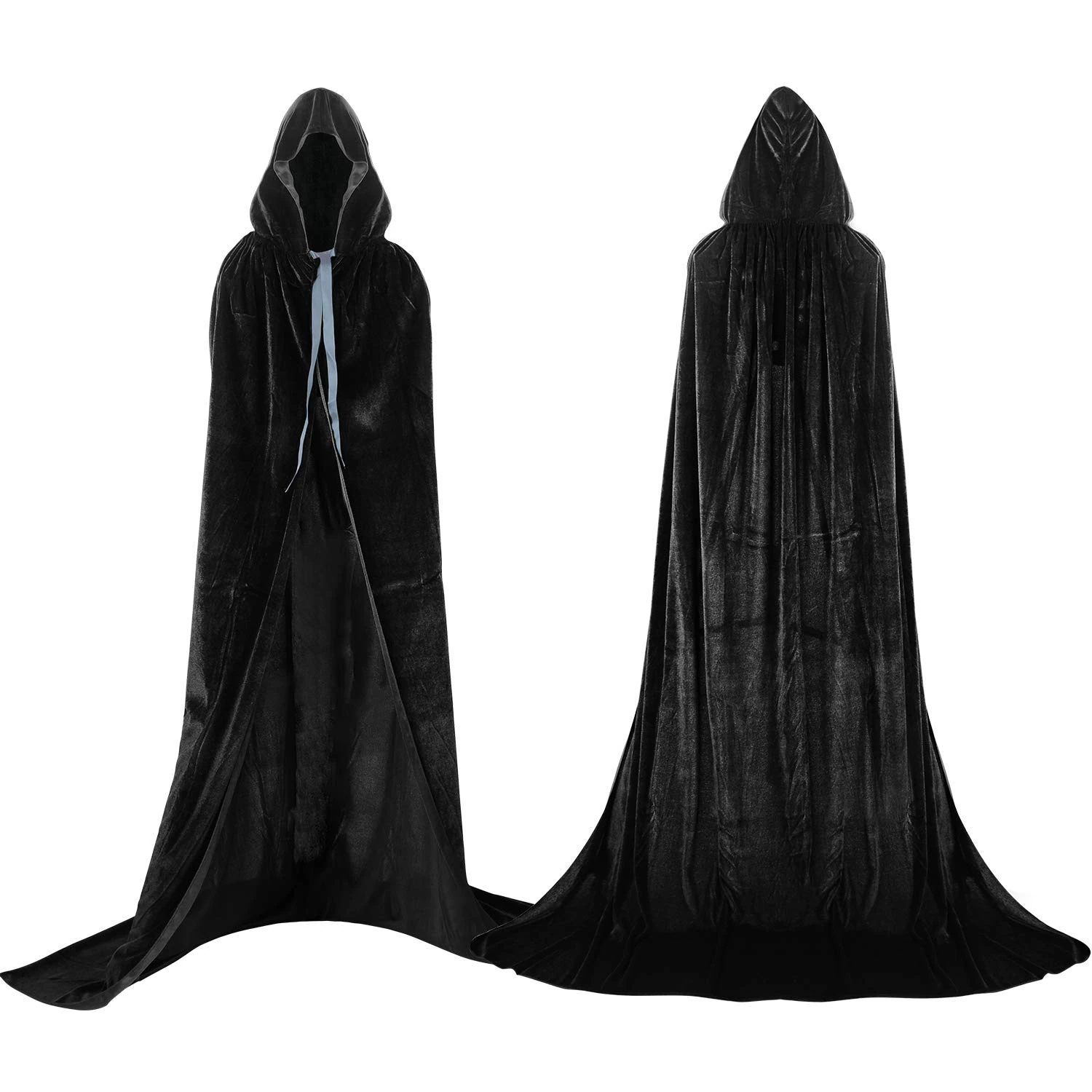 Proumhang Black Hooded Cloak Maxi Cape Velvet Adult Costume Grim Reaper Vampire Party Halloween Costumes 170 cm