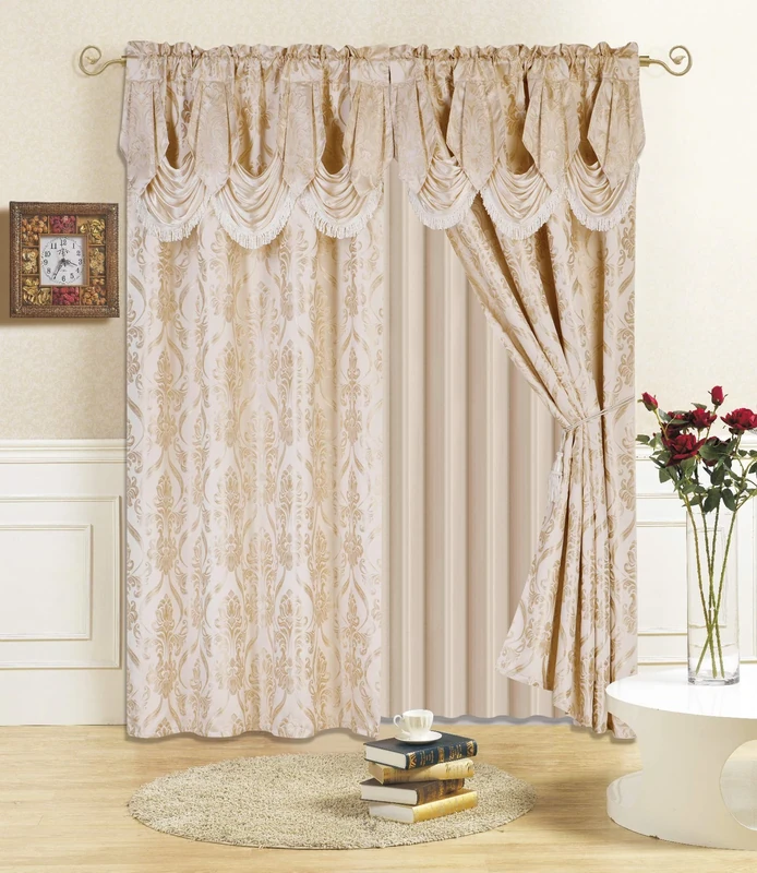 All American Collection New 4 Piece Drape Set with Attached Valance and Sheer with 2 Tie Backs Included (96" Length, Beige)
