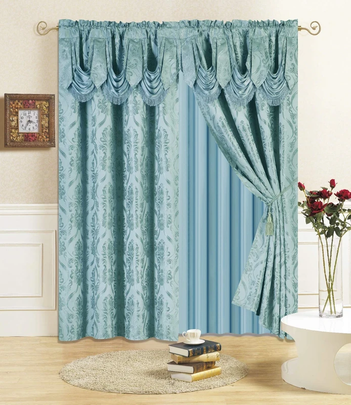 All American Collection New 4 Piece Drape Set with Attached Valance and Sheer with 2 Tie Backs Included (96" Length, Aqua)