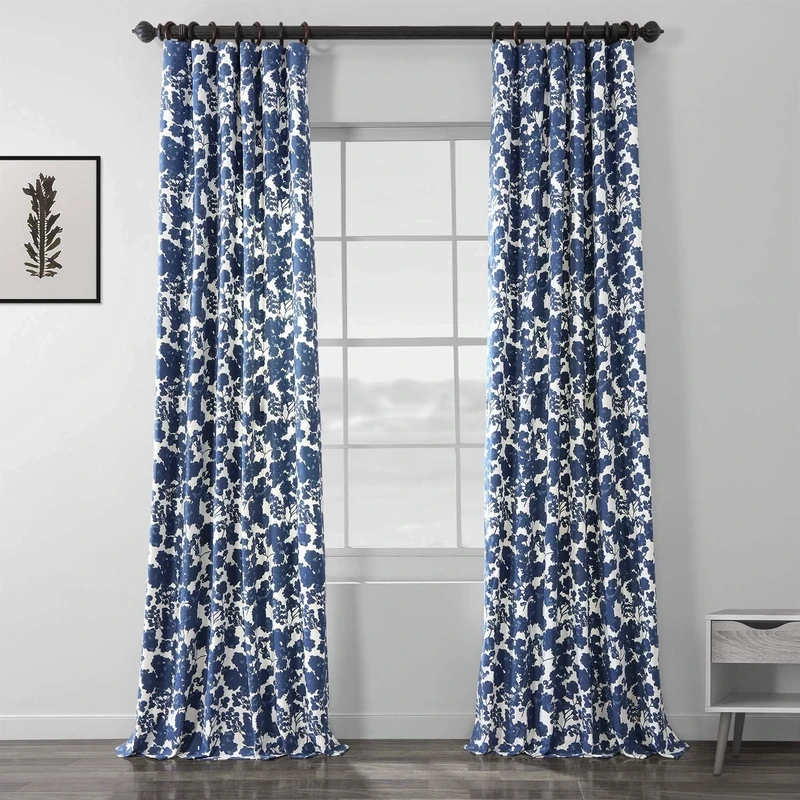 Half Price Drapes Fleur Printed Cotton Twill Curtain, Blue, 50 x 108