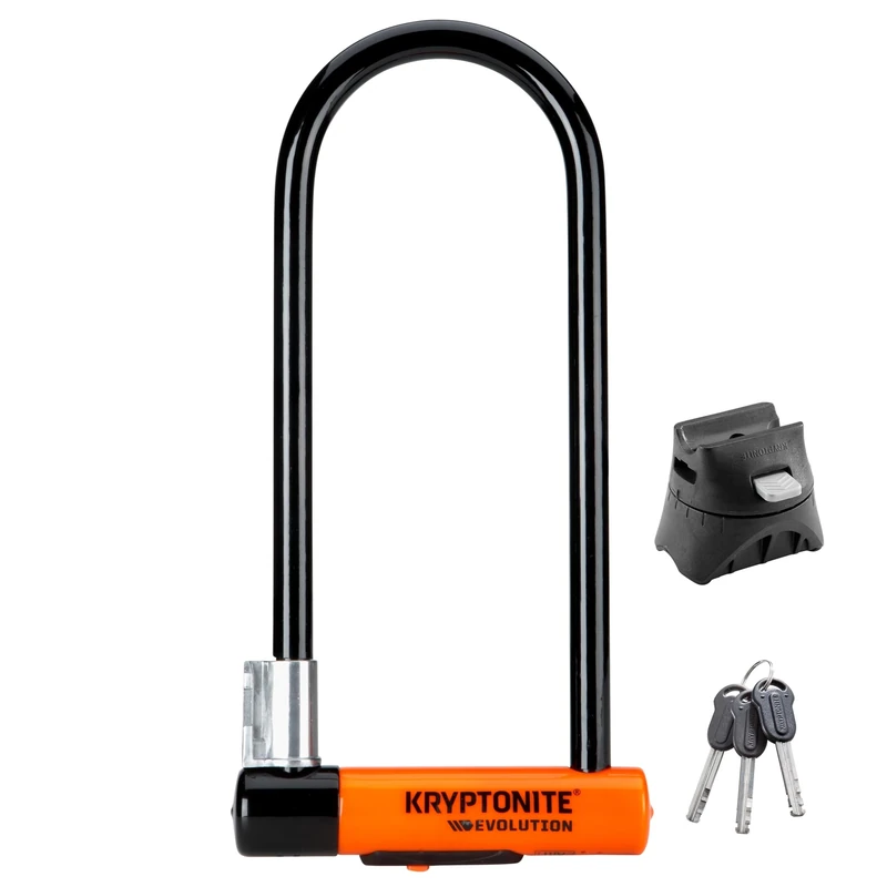 Kryptonite Evolution Long Shackle Bike U-Lock, Anti-Theft Security, 14mm Steel Shackle with Mounting Bracket and Keys, High Security for Bicycles Scooters,Black