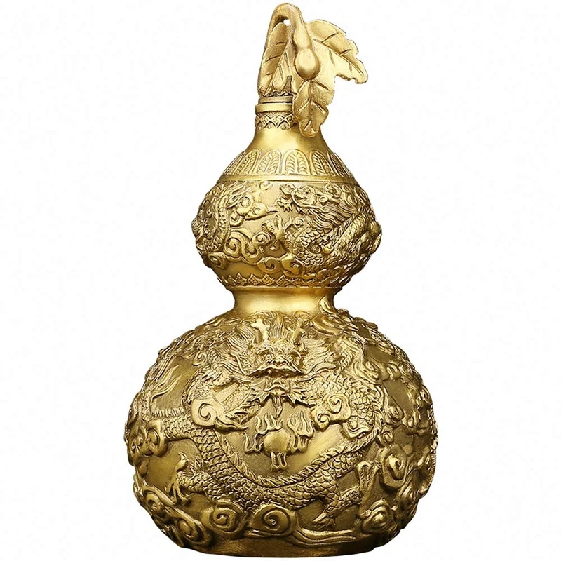 Feng Shui Brass Good Luck Gourd (Wu Lou/ Hu Lu) with Dragon Pattern Statue + Free Set of 10 Lucky Charm Ancient Coins on Red String, Chinese Charm of Prosperity Home Decoration Gift,Feng Shui Decor