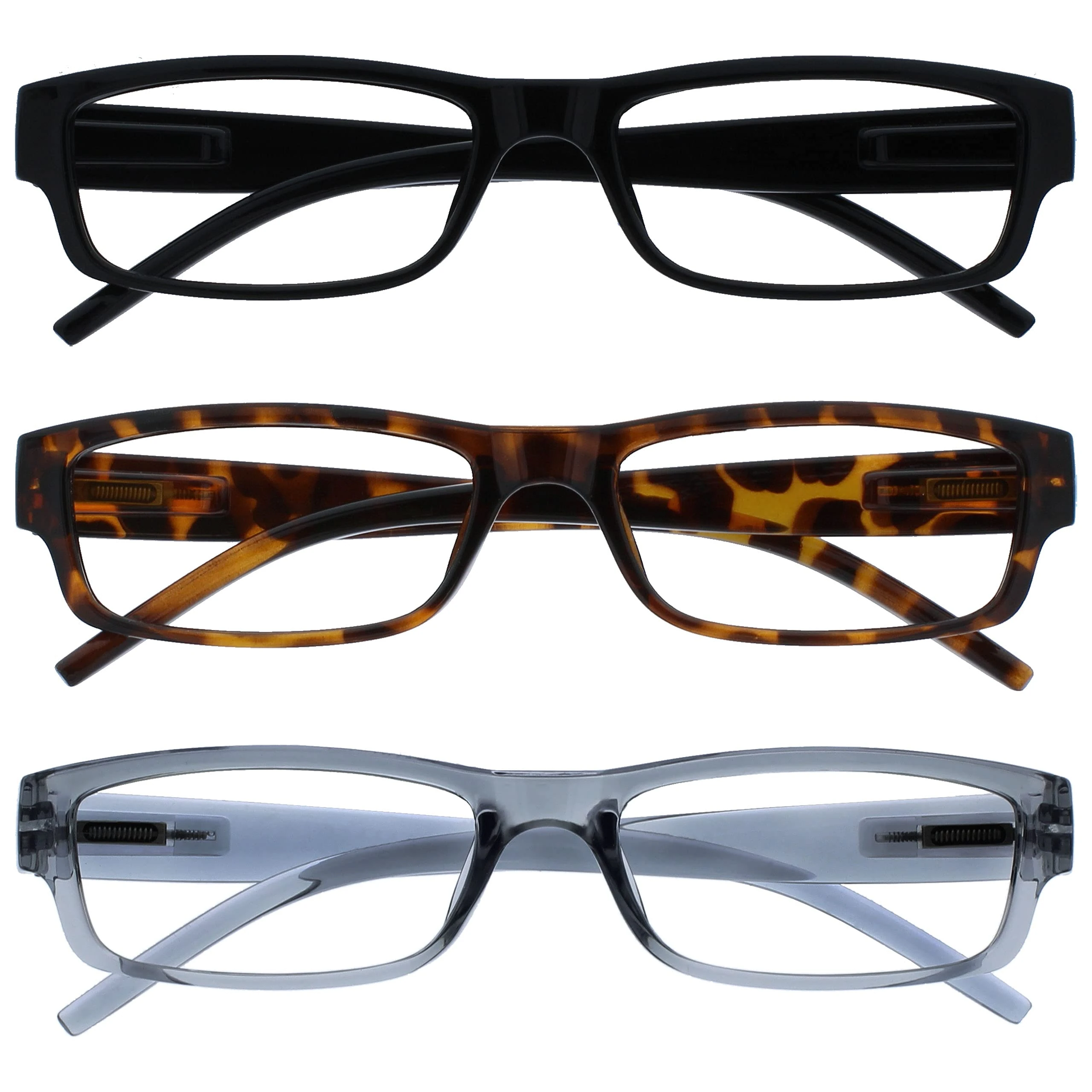 OPULIZE ACE Classic Reading Glasses for Women Men, Scratch Resistant, Narrow Frame with Spring Hinges, Black/Brown/Grey +1.00 (Pack of 3)
