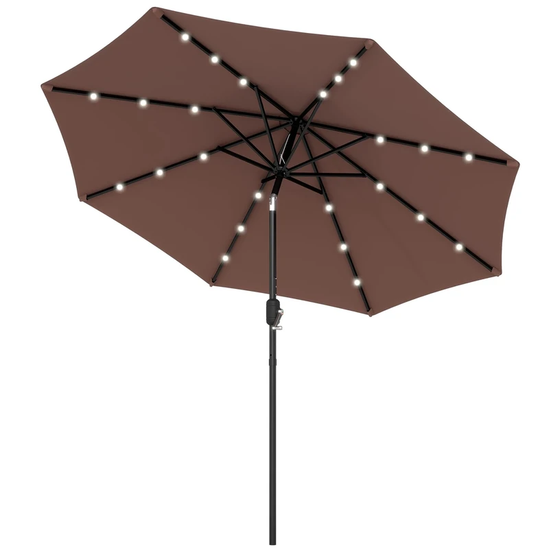 Outsunny Φ2.7m Garden 24 LED Light Parasol Solar Outdoor Tilt Sun Umbrella Patio Club Party Event Manual Sun Shade w/Hand Crank and 8 Ribs Brown