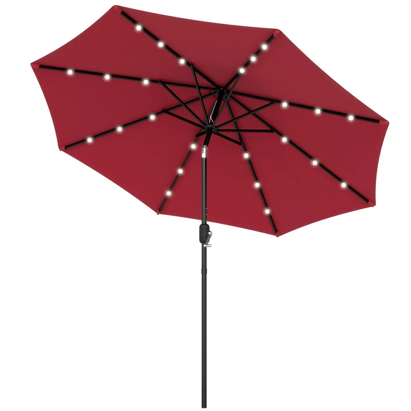Outsunny Φ2.7m Garden 24 LED Light Parasol Solar Outdoor Tilt Sun Umbrella Patio Club Party Event Manual Sun Shade w/Hand Crank and 8 Ribs Red