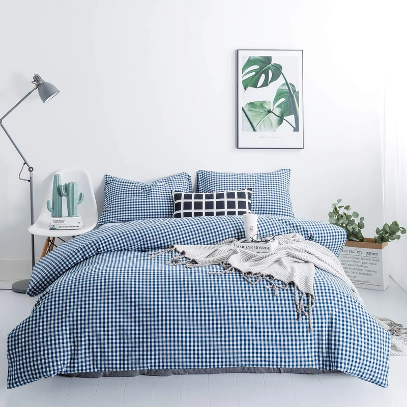 SUSYBAO Gingham Duvet Cover Queen 100% Washed Cotton 3 Pcs Set 1 Royal Blue Grid Duvet Cover with Zipper Ties 2 Pillowcases Farmhouse Soft Blue Plaid Bedding Set Breathable