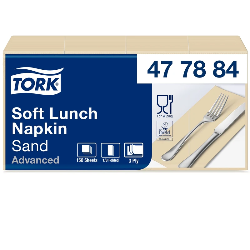 Tork 477884 Soft Sand Lunch Napkin 1/8 Folded / 3 Ply Advanced Unprinted Serviette in Cream / 10 x 150 Sheets (WxL: 8.2cm x 16.5cm)