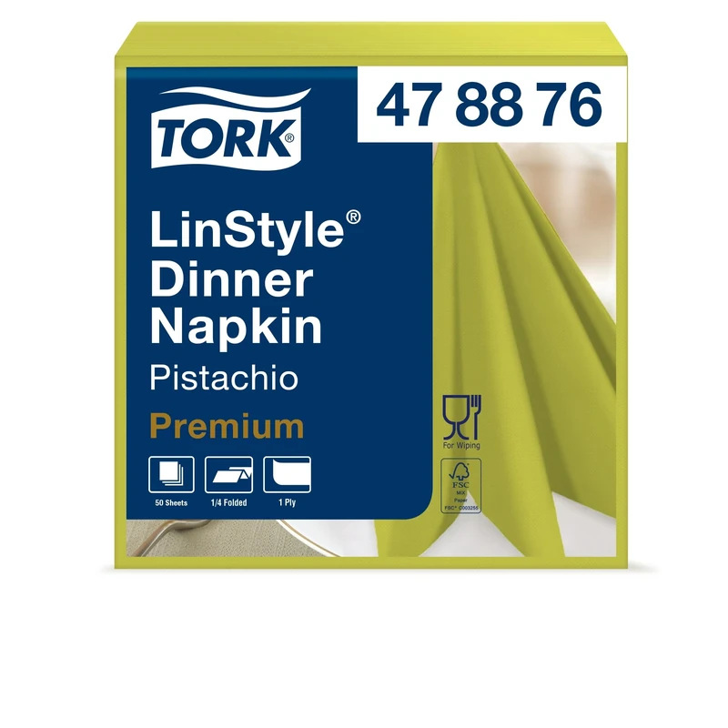 Tork 478876 Premium Linstyle Pistachio Dinner Napkin / 1 Ply Absorbent Unprinted Serviette in Light Green / 12 x 50 Sheets (WxL: 19.5cm x 19.5cm)