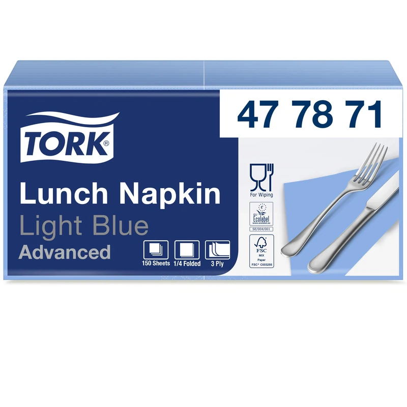 Tork 477871 Soft Light Blue Lunch Napkin / 3 Ply Advanced, Unprinted Serviette in Baby Blue / 10 x 150 Sheets (WxL: 16.3cm x 16.5cm)