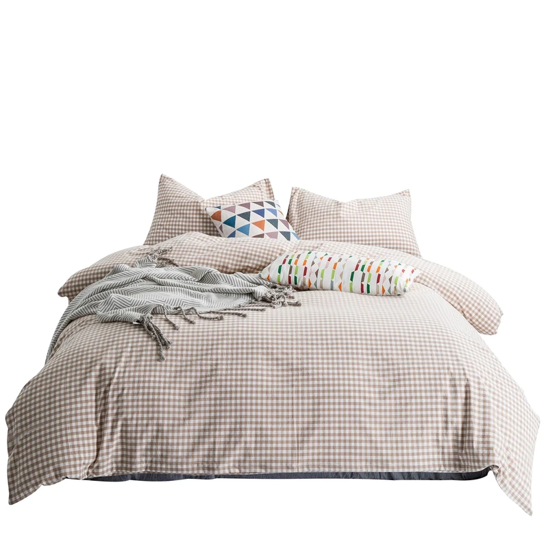 SUSYBAO Tan Gingham Duvet Cover Queen 100% Washed Cotton Beige Plaid Duvet Cover Set 3 Pieces Set 1 Soft Checkered Grid Duvet Cover with Zipper Ties 2 Pillowcases Luxury Farmhouse Gingham Bedding Set