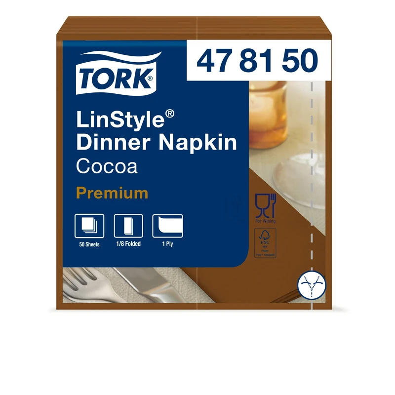 Tork 478150 Premium Linstyle Cocoa Dinner Napkin 1/8 Folded / 1 Ply Absorbent Unprinted Serviette in Dark Brown / 12 x 50 Sheets (WxL: 9.8cm x 19.5cm)