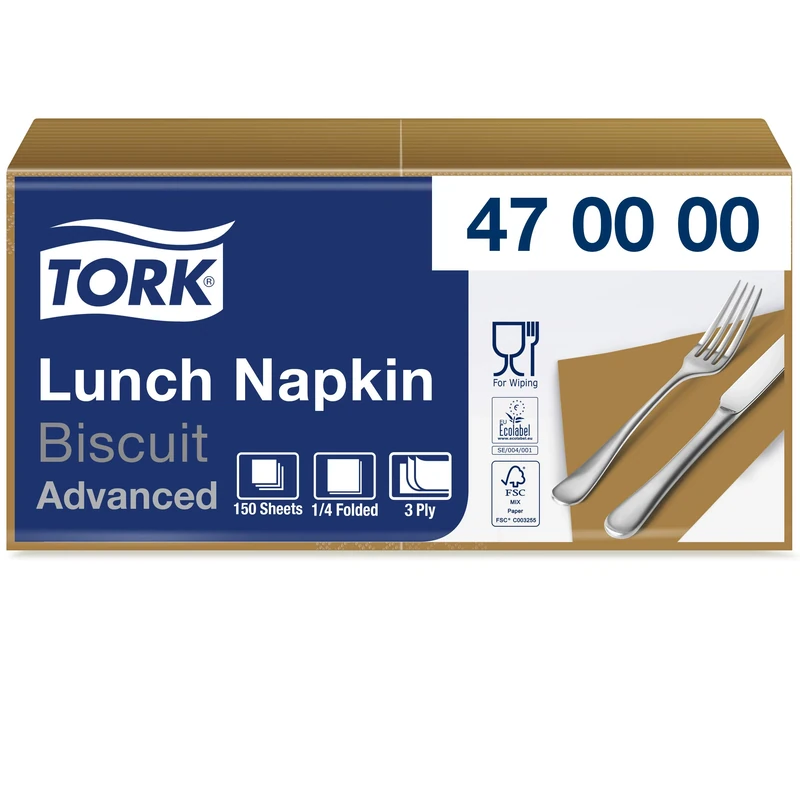 Tork 470000 Soft Biscuit Lunch Napkin / 3 Ply Advanced, Unprinted Serviette in Light Brown / 10 x 150 Sheets (WxL: 16.3cm x 16.5cm)