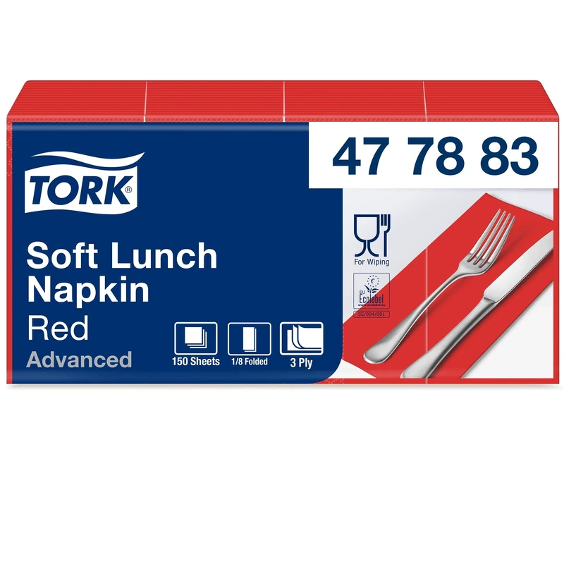 Tork 477883 Soft Red Lunch Napkin 1/8 Folded / 3 Ply Advanced Unprinted Serviette in Red / 10 x 150 Sheets (WxL: 8.2cm x 16.5cm)