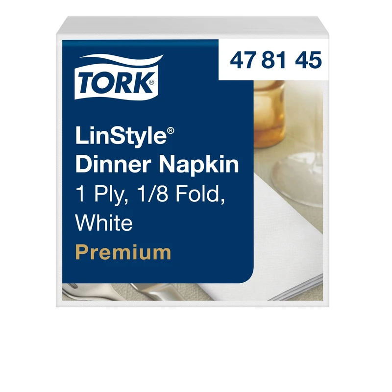 Tork 478145 Premium Linstyle White Dinner Napkin 1/8 Folded / 1 Ply Absorbent Unprinted Serviette in White / 12 x 50 Sheets (WxL: 9.8cm x 19.5cm)