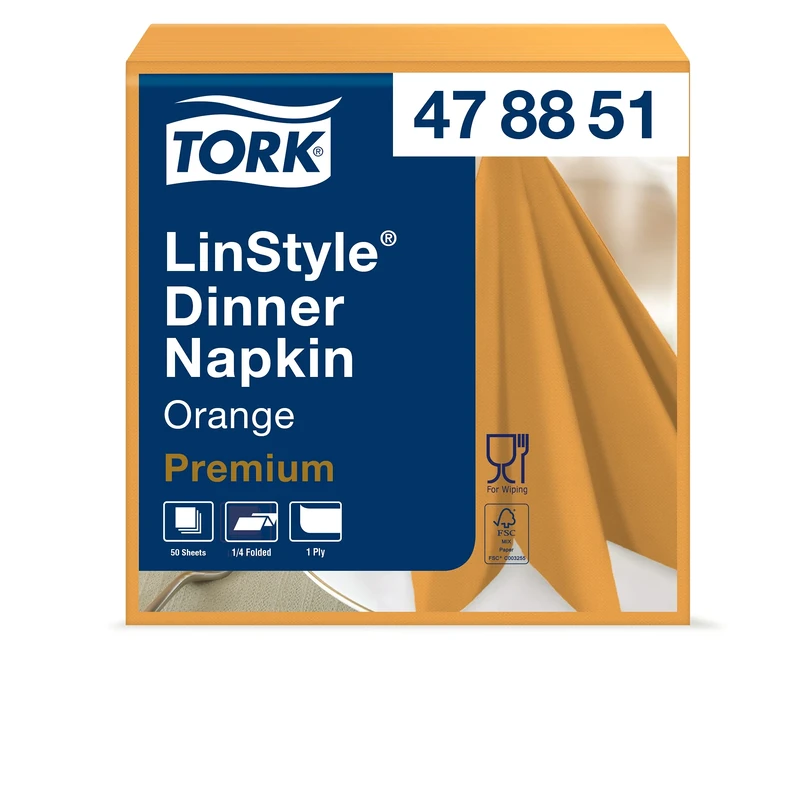 Tork 478851 Premium Linstyle Orange Dinner Napkin / 1 Ply Absorbent Unprinted Serviette in Orange Cream / 12 x 50 Sheets (WxL: 19.5cm x 19.5cm)