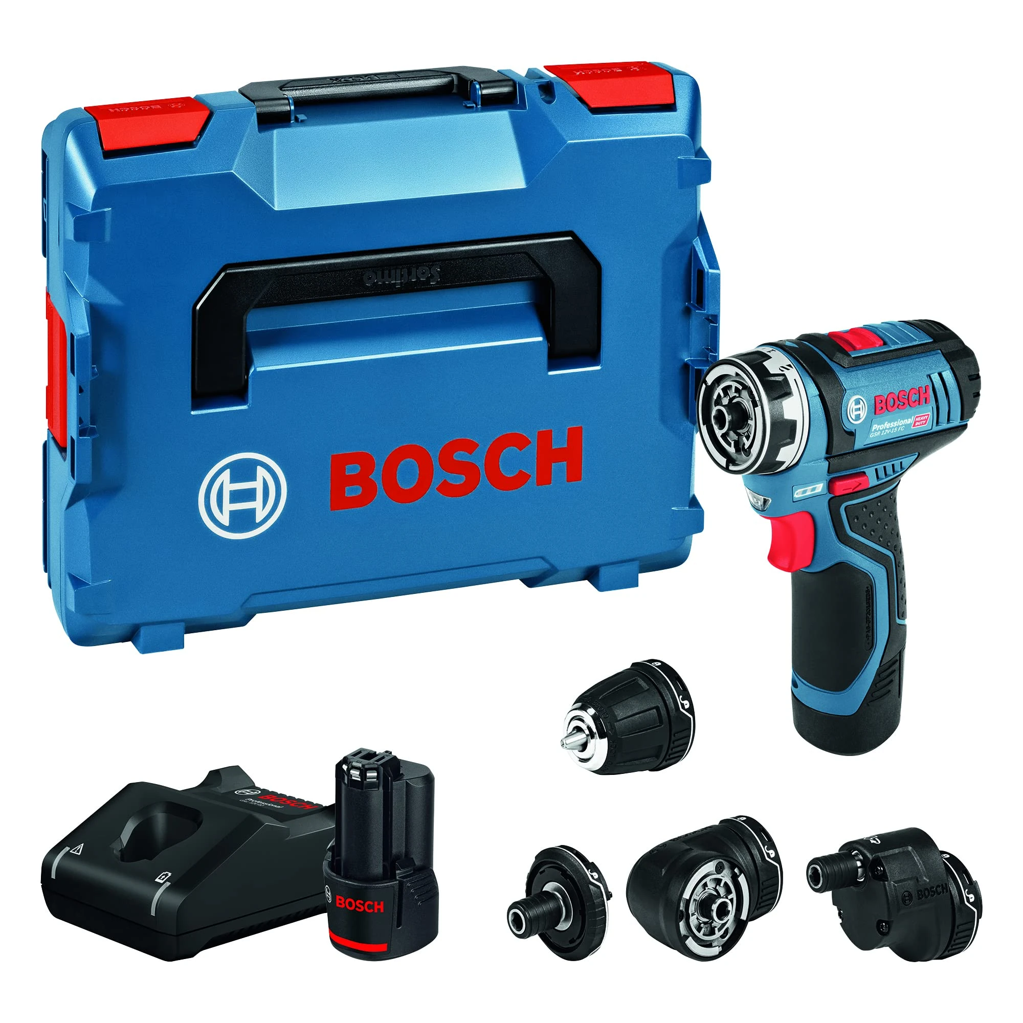 Bosch Professional 12V System Cordless Drill Driver GSR 12V-15 FC (2x battery GBA 12V 2.0Ah, Charger GAL 12V-40, 4x adapter (GFA 12-B, GFA 12-X, GFA 12-W, GFA 12-E, L-BOXX 102)