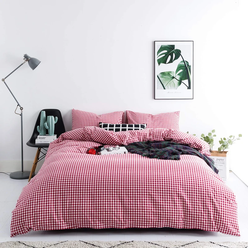 SUSYBAO Red Gingham King Size Duvet Cover Set, 3 Piece Set (1 Duvet Cover, 2 Pillowcases), 100% Washed Cotton, All-Season, Country Rustic, Checkered Pattern