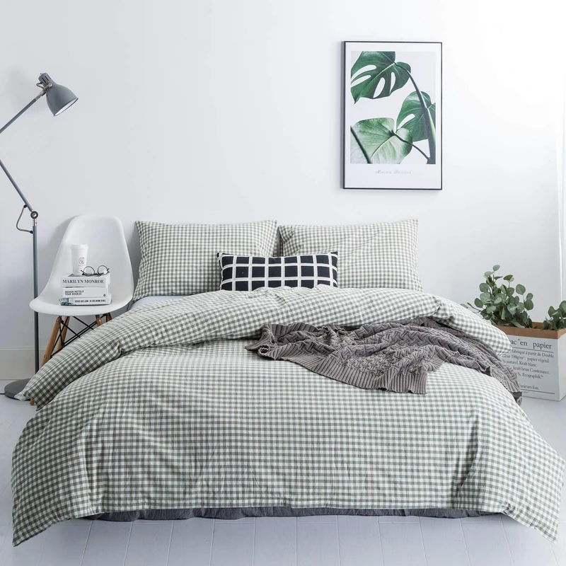SUSYBAO Green Gingham Duvet Cover King Size 100% Washed Cotton Grid Duvet Cover Set 3 Pieces 1 Green Plaid Duvet Cover with Zipper Ties 2 Pillow Cases Luxury Green Gingham Grid Bedding Set Breathable