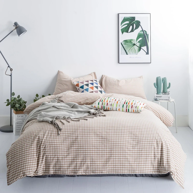 SUSYBAO Tan Gingham Duvet Cover King 100% Washed Cotton Beige Plaid Duvet Cover Set 3 Pieces 1 Checkered Grid Duvet Cover with Zipper Ties 2 Pillowcases Vintage Luxury Soft Gingham Bedding Set Durable
