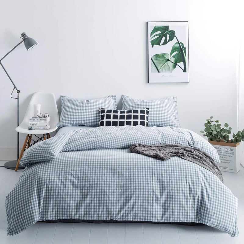 SUSYBAO Light Blue Gingham Duvet Cover Queen 100% Washed Cotton Blue Plaid Duvet Cover Set 3 Pieces 1 Blue Grid Duvet Cover with Zipper Ties 2 Pillow Cases Luxury Gingham Plaid Bedding Set Breathable