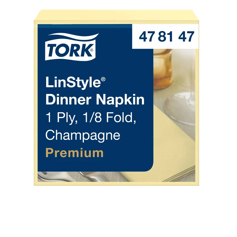 Tork 478147 Premium Linstyle Champagne Dinner Napkin 1/8 Folded / 1 Ply Absorbent Unprinted Serviette in Cream / 12 x 50 Sheets (WxL: 9.8cm x 19.5cm)