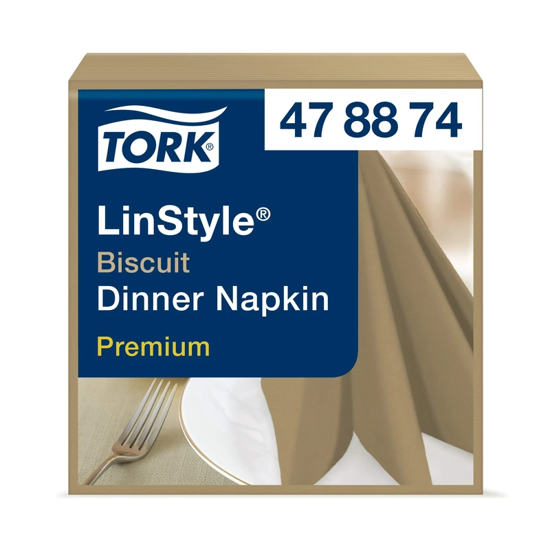 Tork 478874 Premium Linstyle Biscuit Dinner Napkin / 1 Ply Absorbent Unprinted Serviette in Brown / 12 x 50 Sheets (WxL: 19.5cm x 19.5cm)