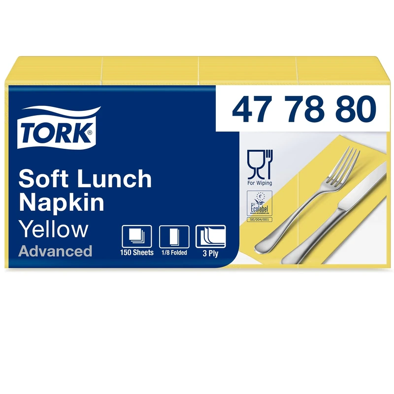 Tork 477880 Soft Yellow Lunch Napkin 1/8 Folded / 3 Ply Advanced Unprinted Serviette in Pastel Yellow / 10 x 150 Sheets (WxL: 8.2cm x p6.5cm)