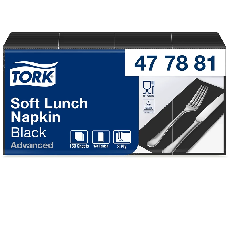 Tork 477881 Soft Black Lunch Napkin 1/8 Folded / 3 Ply Advanced Unprinted Serviette in Black / 10 x 150 Sheets (WxL: 8.2cm x 16.5cm)