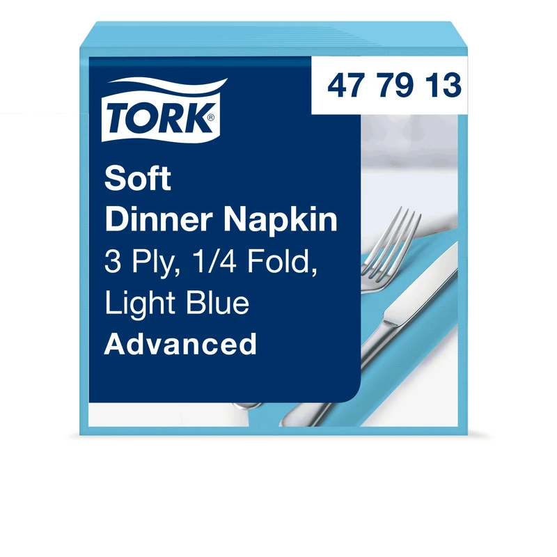 Tork 477913 Soft Light Blue Dinner Napkin / 3 Ply Advanced, Unprinted Serviette in Baby Blue / 12 x 100 Sheets (WxL: 19.5cm x 19.5cm)