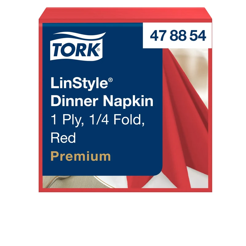 Tork 478854 Premium Linstyle Red Dinner Napkin / 1 Ply Absorbent Unprinted Serviette in Red / 12 x 50 Sheets (WxL: 19.5cm x 19.5cm)