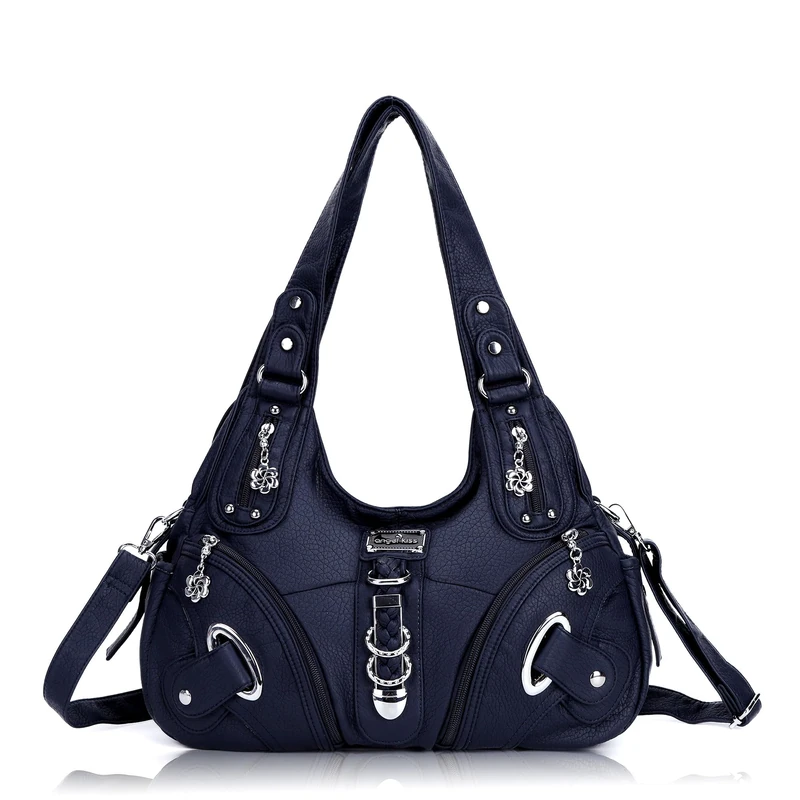 Angel Kiss Two Top Zippers Closure Multiple Pockets Handbags Washed Leather Purses Shoulder Handbags AK11282 (Grey) … - Image 1