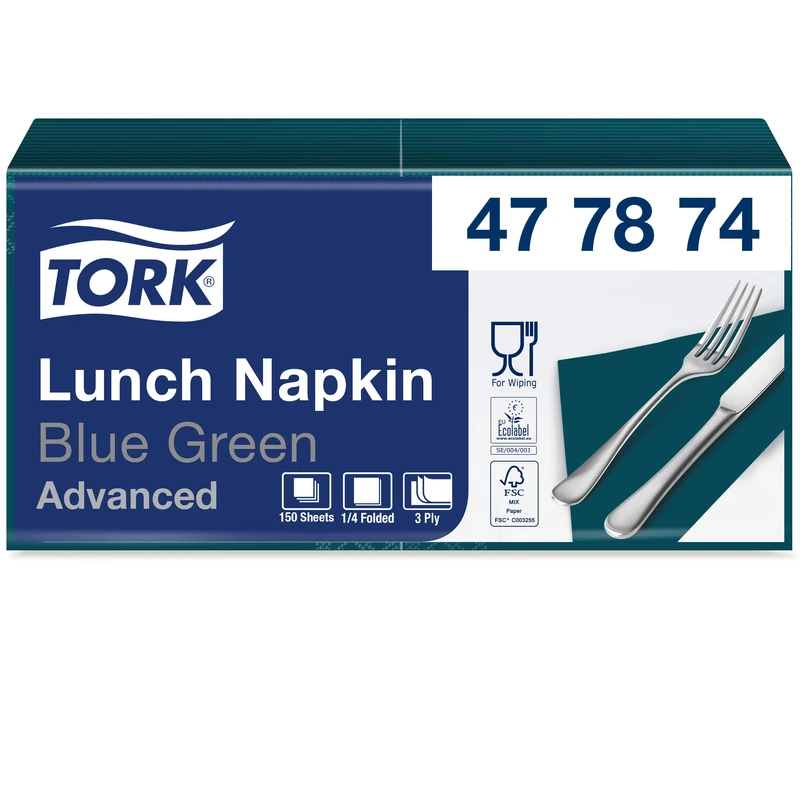 Tork 477874 Soft Blue Green Lunch Napkin / 3 Ply Advanced, Unprinted Serviette in Blue Green / 10 x 150 Sheets (WxL: 16.3cm x 16.5cm)