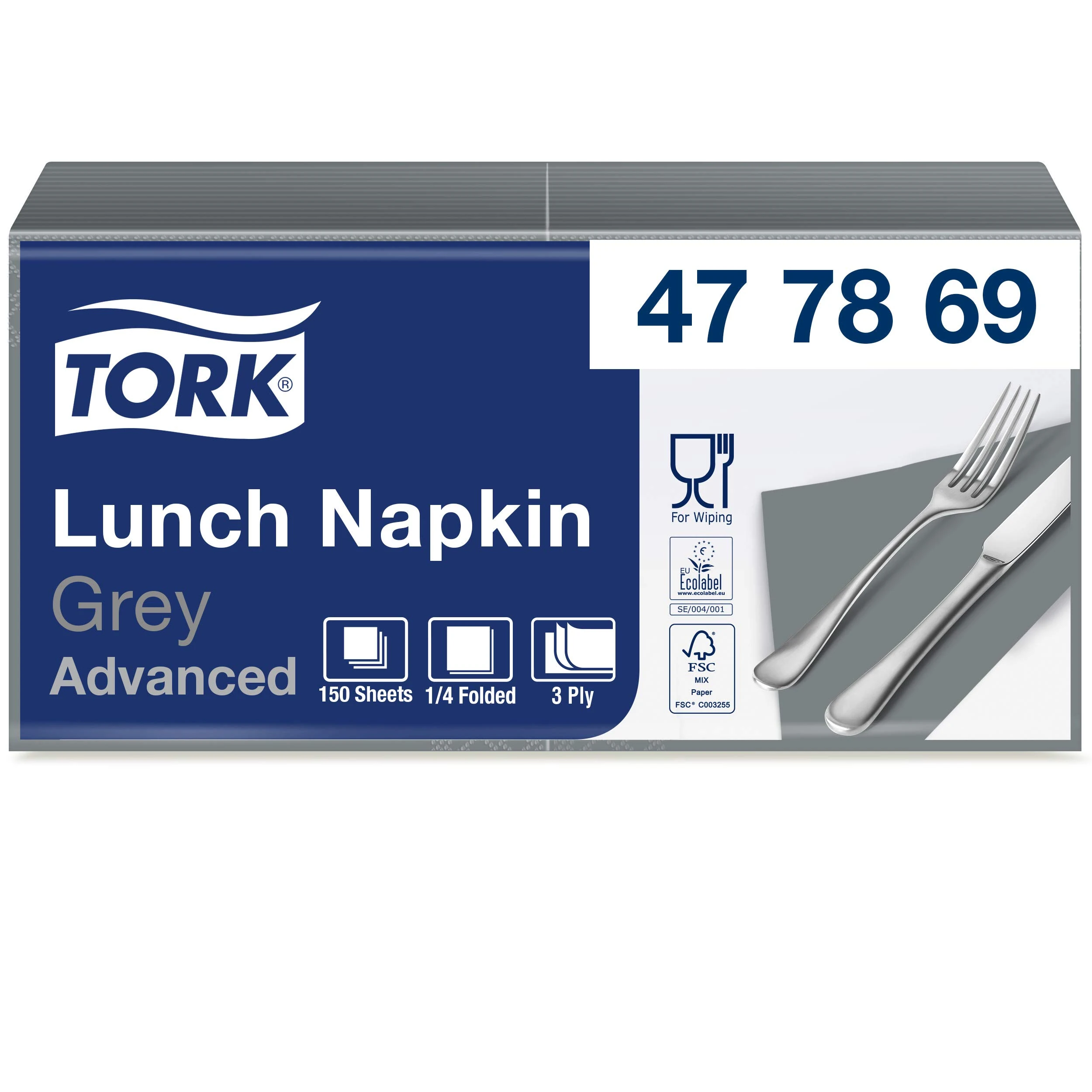 Tork 477869 Soft Grey Lunch Napkin / 3 Ply Advanced, Unprinted Serviette in Grey / 10 x 150 Sheets (WxL: 16.3cm x 16.5cm)