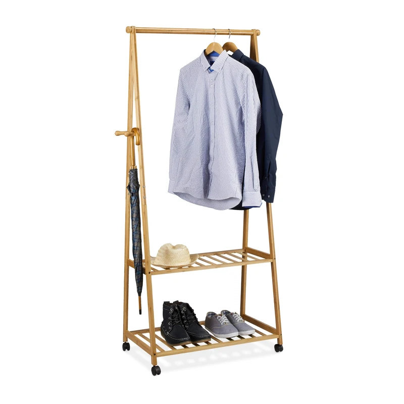 Relaxdays Clothes Stand on Wheels, Bamboo, 2 Shoe Shelves, Garment Rail, HxWxD: 166 x 84 x 45 cm, Mobile Wardrobe, Natural Brown