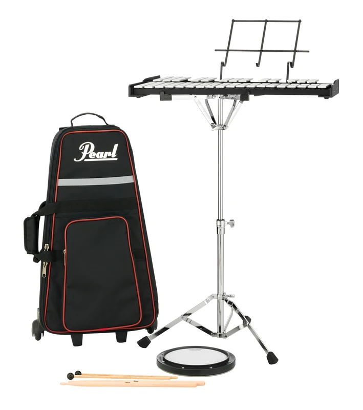 Pearl 32 Note Glockenspiel Bell Kit Student Educational Percussion Kit with Tunable Practice Pad, Rolling Carrying Case, Sticks and Mallets (PK910C)