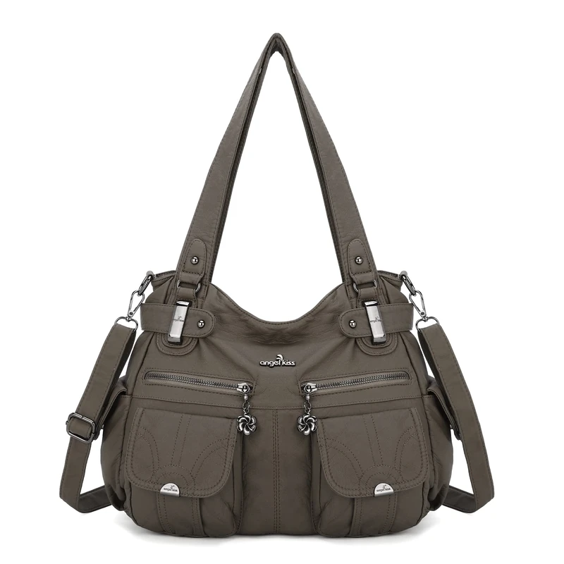 Purses and Handbags Women Tote Shoulder Top Handle Satchel Hobo Bags Fashion Washed Leather Purse, 1-clay Grey, 14" W X 12" H X 5" D